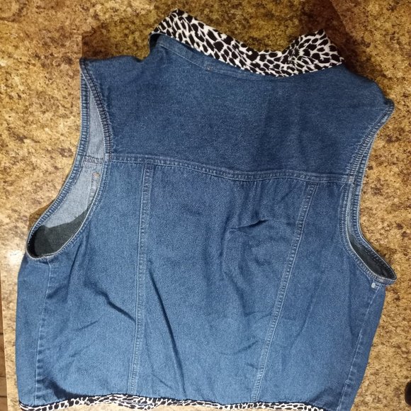 Denim Blue Vest with Leopard Print Collar, S, Sri - Picture 8 of 12